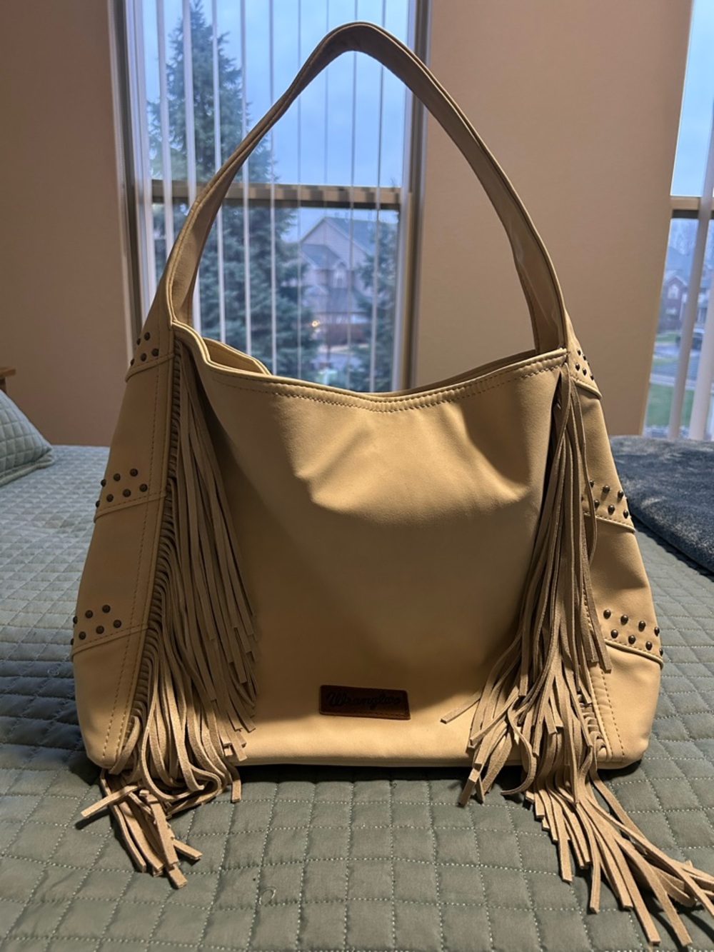 Wrangler Fringed Shoulder Hobo Bag in Beige